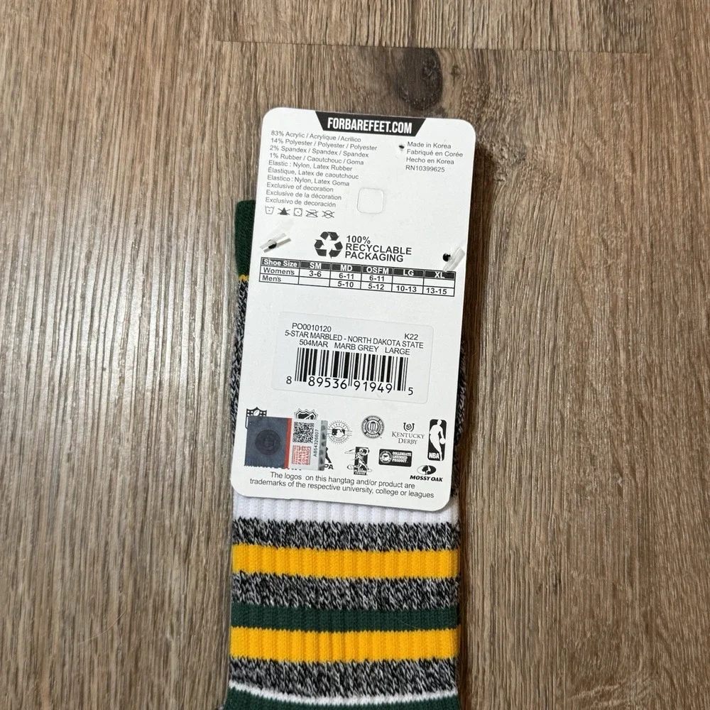 Men's NCAA North Dakota State Bison Crew Socks‎ For Bare Feet Size L (10-13) NWT